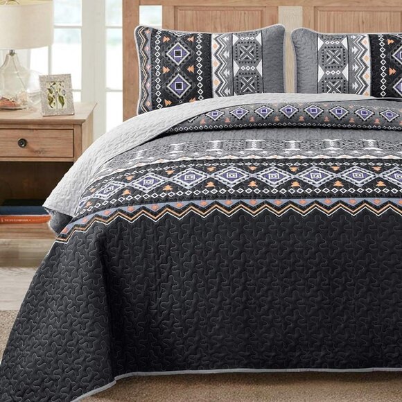 New Boho Aztec Black & Grey 3 PC Bedding 100% Polyester Quilt Set • KING Size - Picture 1 of 6